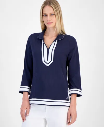 Nautica Jeans Women's Cotton Contrast-trim Tunic Top