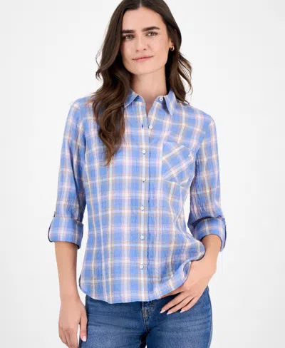 Nautica Jeans Women's Cotton Crinkle Plaid Roll-tab Shirt In Multi
