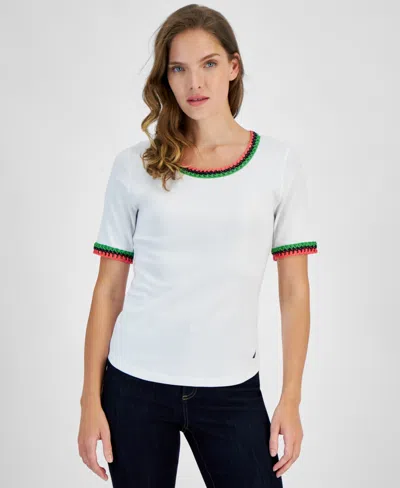 Nautica Jeans Women's Cotton Crochet-trim Short-sleeve T-shirt In Brt White