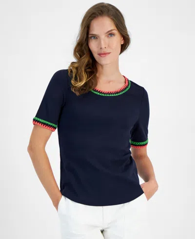 Nautica Jeans Women's Cotton Crochet-trim Short-sleeve T-shirt In Night Sky