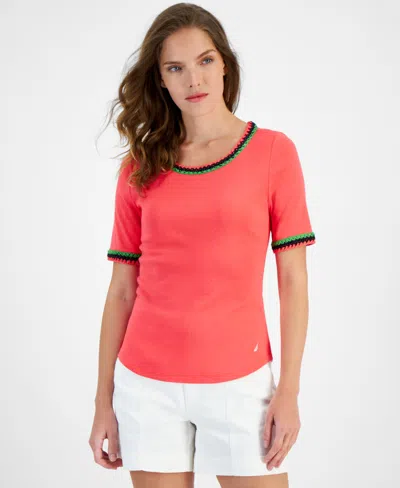 Nautica Jeans Women's Cotton Crochet-trim Short-sleeve T-shirt In Rouge