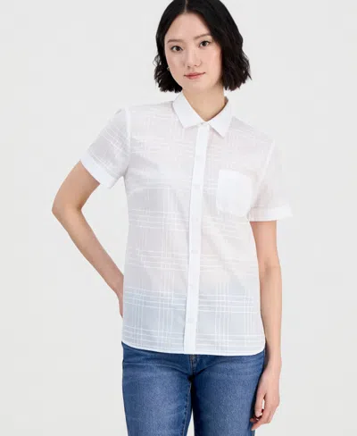 Nautica Jeans Women's Cotton Dobby Plaid Camp Shirt In White