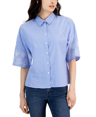 Nautica Jeans Women's Cotton Embroidered-sleeve Boxy Shirt In Blue,white
