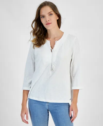 Nautica Jeans Women's Cotton Lace-up-neck 3/4-sleeve Top In Brt White