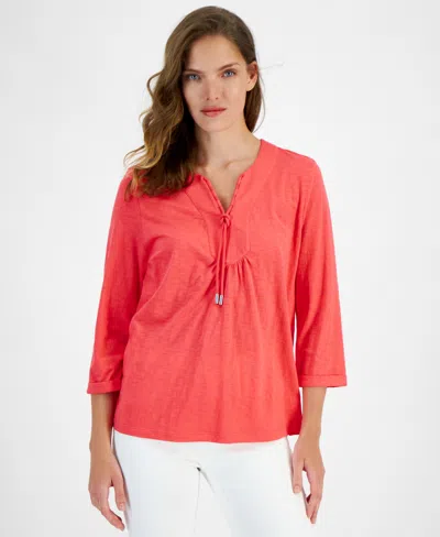 Nautica Jeans Women's Cotton Lace-up-neck 3/4-sleeve Top In Rouge
