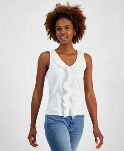 Nautica Jeans Women's Cotton Mixed-media Ruffled Tank Top In Brt White