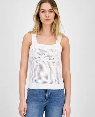 Nautica Jeans Women's Cotton Palm-tree Open-knit Sleeveless Sweater In Bright White