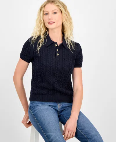 Nautica Jeans Women's Cotton Polo Cable-knit Sweater In Black