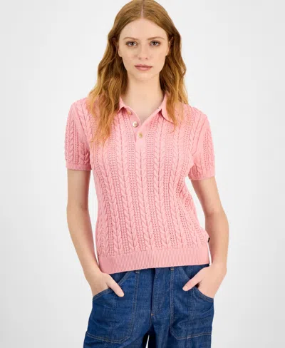 Nautica Jeans Women's Cotton Polo Cable-knit Sweater In Pink
