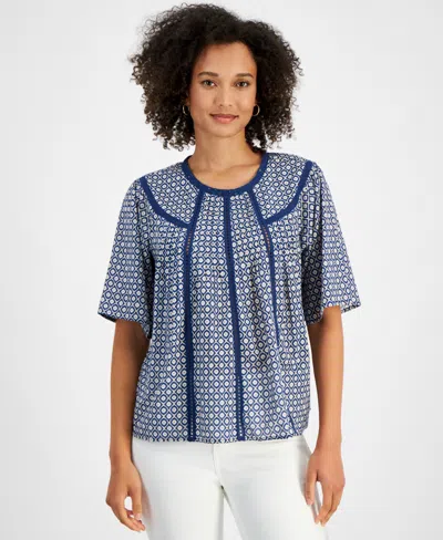 Nautica Jeans Women's Cotton Printed Crochet-trim Top In Navy