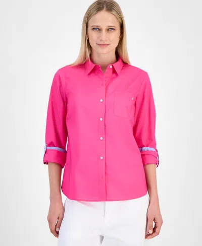 Nautica Jeans Women's Cotton Roll-tab Button Shirt In Pink