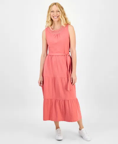 Nautica Jeans Women's Cotton Round-neck Sleeveless Tiered Dress In Red
