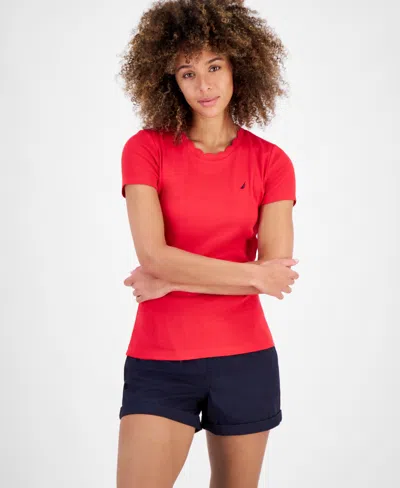 Nautica Jeans Women's Cotton Scalloped Crewneck T-shirt In Regatta Red
