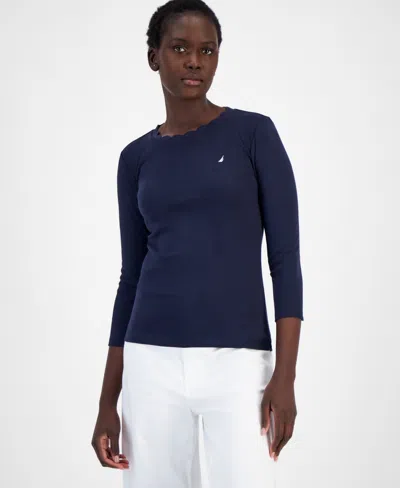 Nautica Jeans Women's Cotton Scalloped-neck 3/4-sleeve Top In Night Sky