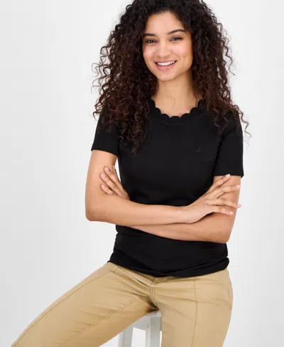 Nautica Jeans Women's Cotton Scalloped-neck T-shirt In Black