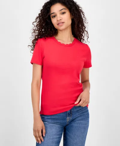 Nautica Jeans Women's Cotton Scalloped-neck T-shirt In Red