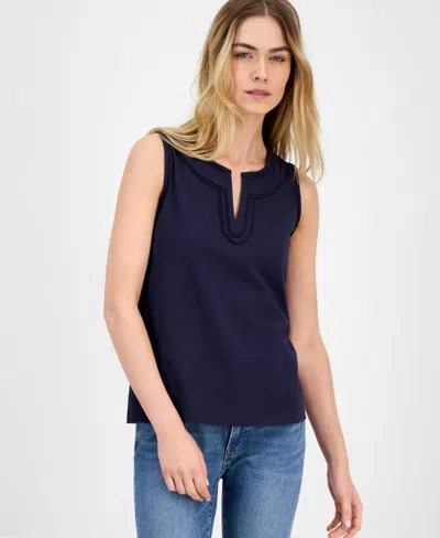 Nautica Jeans Women's Cotton Scalloped-trim Sleeveless Top In Black