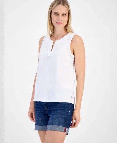 Nautica Jeans Women's Cotton Scalloped-trim Sleeveless Top In White