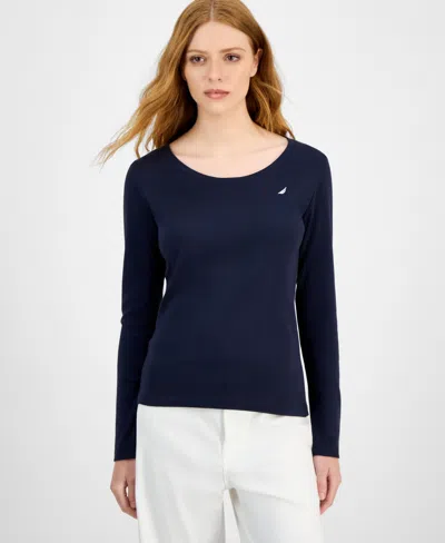 Nautica Jeans Women's Cotton Scoop-neck Long-sleeve T-shirt, Online Only In Blue