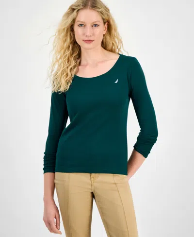 Nautica Jeans Women's Cotton Scoop-neck Long-sleeve T-shirt, Online Only In Green