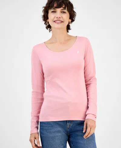 Nautica Jeans Women's Cotton Scoop-neck Long-sleeve T-shirt, Online Only In Pink