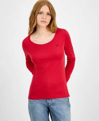 Nautica Jeans Women's Cotton Scoop-neck Long-sleeve T-shirt, Online Only In Red