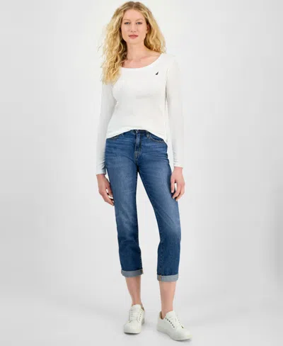 Nautica Jeans Women's Cotton Scoop-neck Long-sleeve T-shirt, Online Only In White