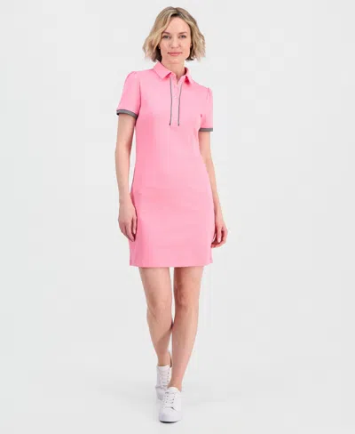 Nautica Jeans Women's Cotton Solid Puff-sleeve Polo Dress In Pink