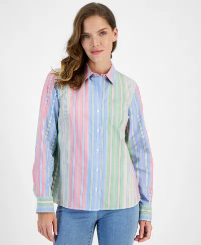 Nautica Jeans Women's Cotton Stripe-print Shirt In Green Mult