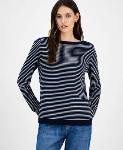Nautica Jeans Women's Cotton Striped Boat-neck Sweater In Gray