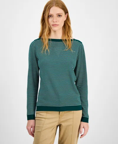 Nautica Jeans Women's Cotton Striped Boat-neck Sweater In Green