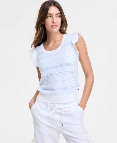 Nautica Jeans Women's Cotton Striped Ruffled-sleeve Sweater In Bright White Multi