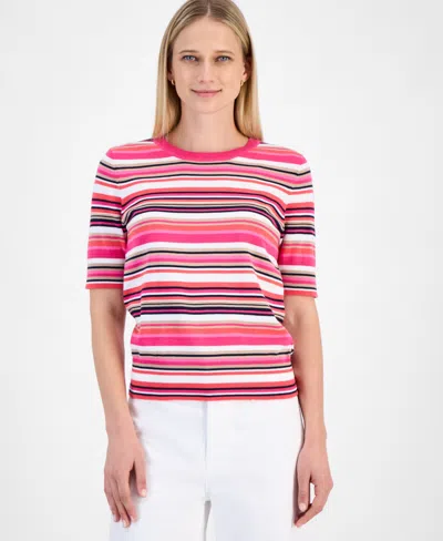 Nautica Jeans Women's Cotton Striped Short-sleeve Sweater In Hot Pink Multi