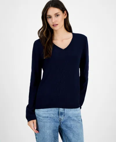 Nautica Jeans Women's Cotton V-neck Textured Sweater In Black