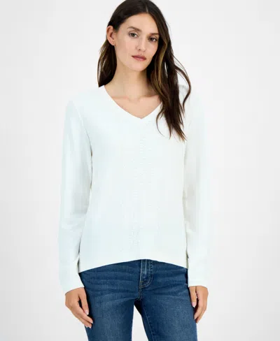 Nautica Jeans Women's Cotton V-neck Textured Sweater In White