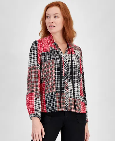 Nautica Jeans Women's Crescent Plaid Tie-front Blouse In Black Multi