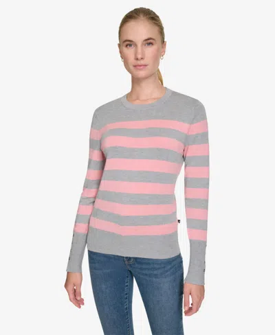 Nautica Jeans Women's Crewneck Stripe Sweater With Button Sleeve In Misty Heather Multi
