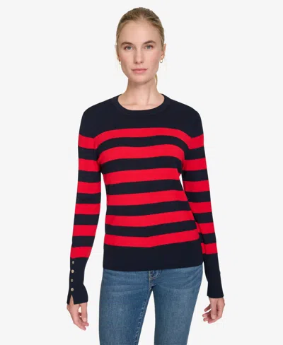 Nautica Jeans Women's Crewneck Stripe Sweater With Button Sleeve In Nigh Sky,regatta Red