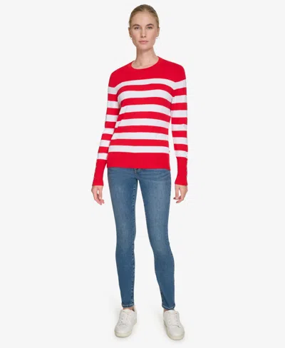 Nautica Jeans Women's Crewneck Stripe Sweater With Button Sleeve In Regatta Red,bright White