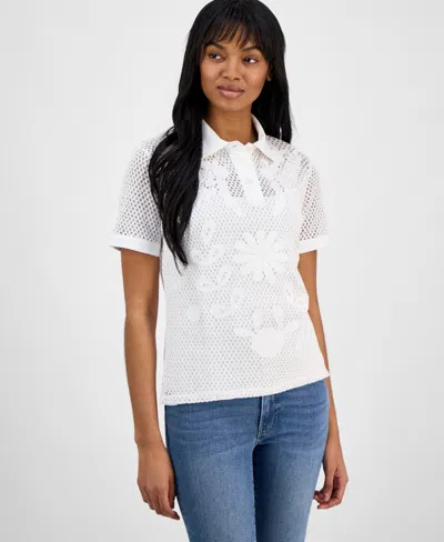 Nautica Jeans Women's Crochet Cotton Polo Shirt In Bright White