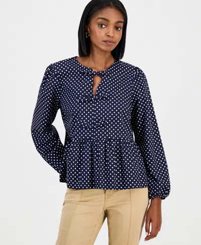 Nautica Jeans Women's Dot-print Bow-trim Cotton Peplum Blouse