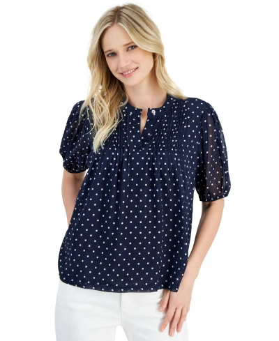 Nautica Jeans Women's Dot-print Pintuck Short-sleeve Blouse In Dark Blue