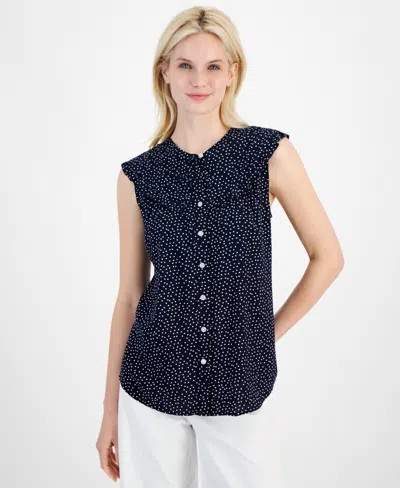Nautica Jeans Women's Dot-print Ruffled Sleeveless Blouse In Nigh Sky,ivory