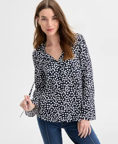 Nautica Jeans Women's Dot Print Tie-neck Top In Black