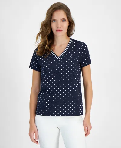 Nautica Jeans Women's Dot-print V-neck Short-sleeve Top In Nigh Sky,b
