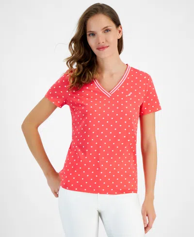 Nautica Jeans Women's Dot-print V-neck Short-sleeve Top In Rouge,wht