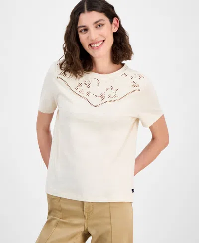 Nautica Jeans Women's Embroidered Cutout Top In Gray