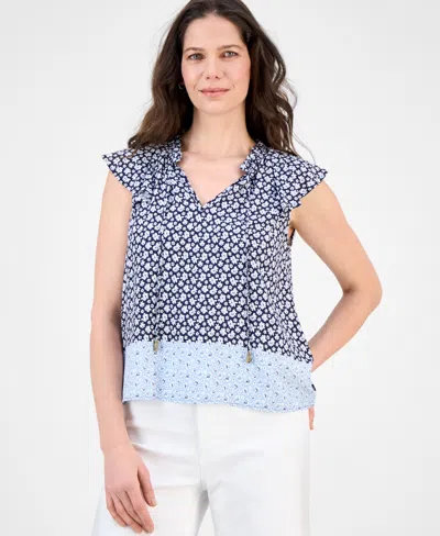 Nautica Jeans Women's Floral-print Flutter-sleeve Blouse