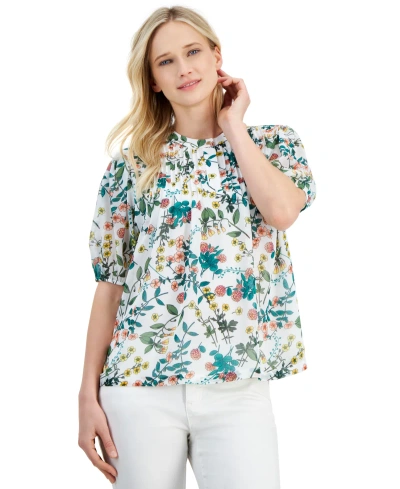 Nautica Jeans Women's Floral-print Pintuck Blouse In White