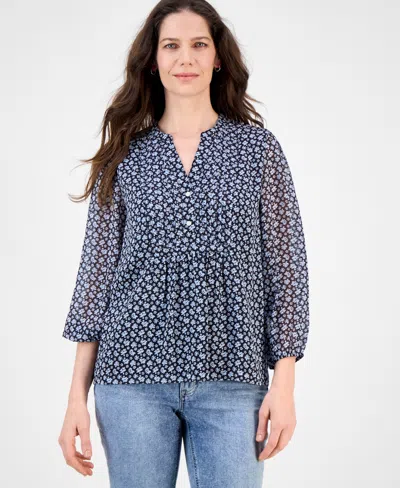 Nautica Jeans Women's Floral-print Pintucked Blouse
